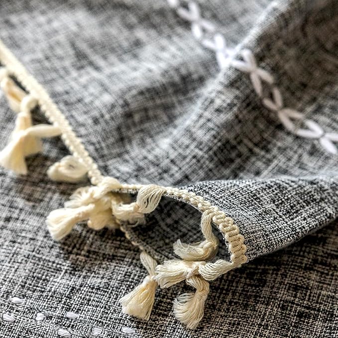 Deeprove Dark Coal Grey Boho Curtains 72 inches Length, Vintage Bohemian Embroidery Farmhouse Cotton Linen Fringe Window Treatments Nursery Bedroom Living Room Dinging Room Decor, W52 x L72, 1 Panel