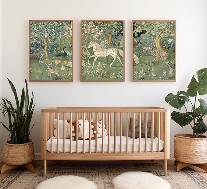 Vintage Woodland Animal Nursery Wall Art Magic Horse Bear Deer Poster Green Fantasy Forest Botanical Pictures Decor Fairy Tale Nature Painting Canvas Print Artwork for Kids Room Living Room, Unframed