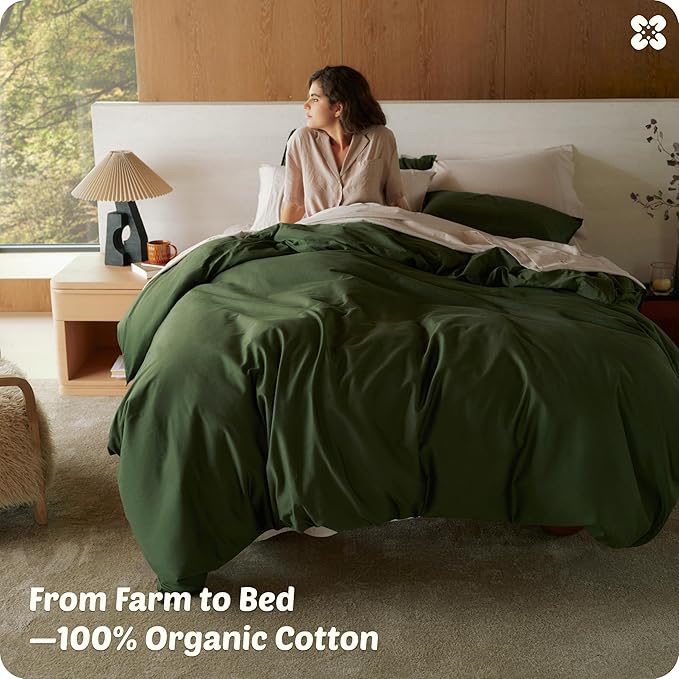 Bedsure Cotton Duvet Cover Queen, 100% GOTS Organic Cotton Duvet Cover Set, Fair Trade Certified Queen Bedding, Eco-Friendly, Ultra-Soft, Breathable Home Bedding for All Seasons(Olive Green, 90"x90")