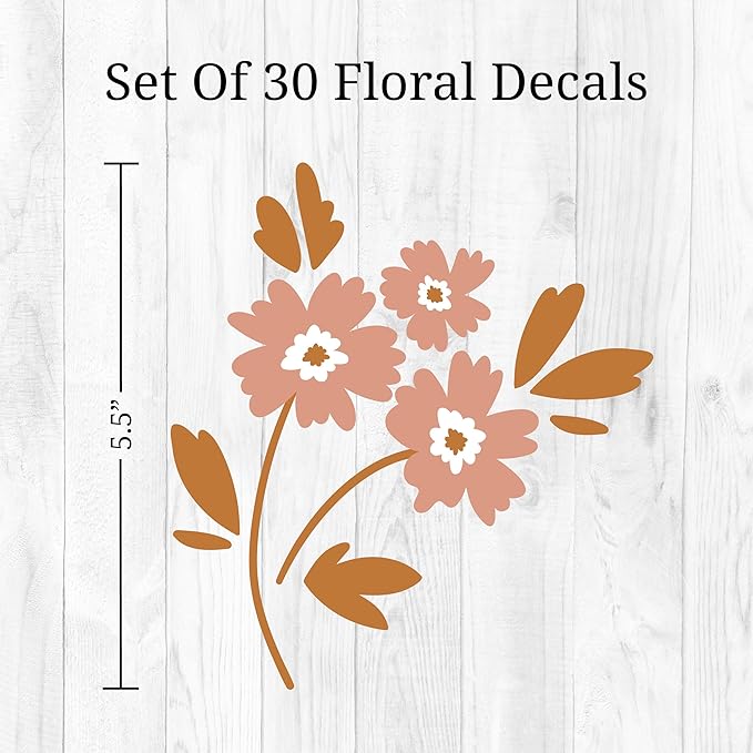 Boho Flower Wall Decals - Set of 30 Vinyl Flower Room Decor Peel and Stick Removable Floral Stickers for Nursery Bedroom Bathroom