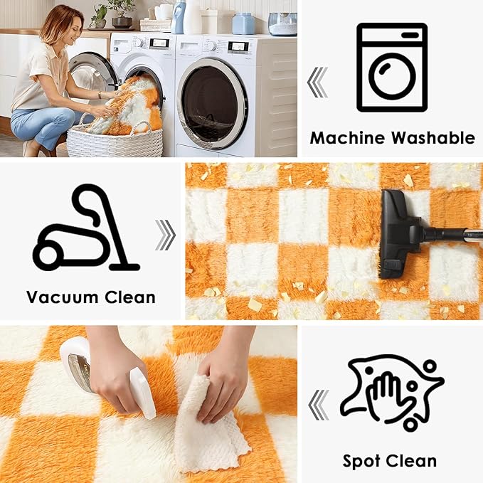 KICMOR 4x6 Rugs for Bedroom Living Room, Orange and Cream White Fluffy Fuzzy Checkered Shag Area Rug Shaggy Bedside Carpet, Furry Plush Soft Rug for Kids Boys Girls Room Nursery Playroom Home Decor