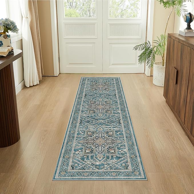 WITSHOCK 2x8 Teal Runner Rug for Hallway, Washable Rug Distressed Boho Soft Low Pile Stain Resistant Foldable Carpet for Kitchen Entryway Indoor Entrance Laundry Vintage Farmhouse Home Decor