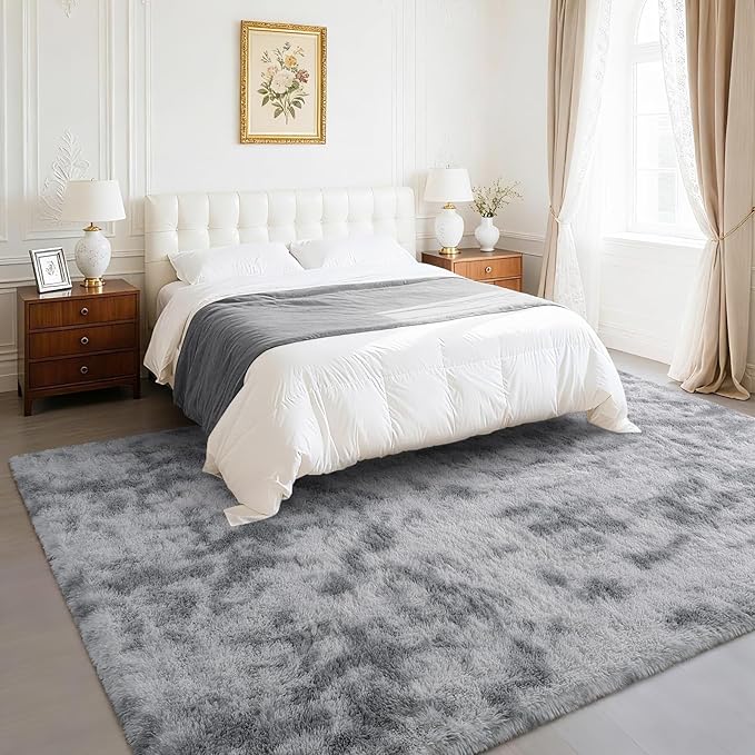 BENRON Fluffy Rugs for Living Room 5x8 Tie-dye Grey, Washable Large Area Rugs for Bedroom Dining Table Office Kids Nursery Room, Washable Indoor Floor Carpets