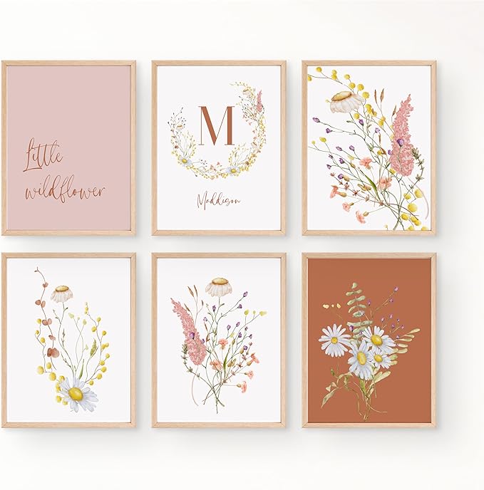 Personalized Name Flower Nursery Wall Art Prints, Crib & Nursery décor, Newborn Baby Girl Gift Present, Floral Baby Girl Room Pictures, Poster For Baby And Kids (6 Prints, Flower 5)