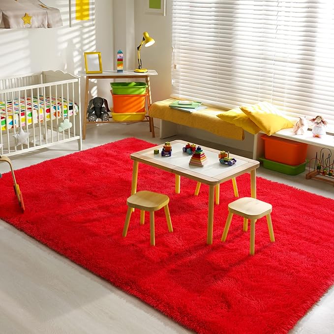 BENRON Fluffy Rugs for Living Room 5x8 Red, Washable Large Area Rugs for Bedroom Dining Table Office Kids Nursery Room, Washable Indoor Floor Carpets