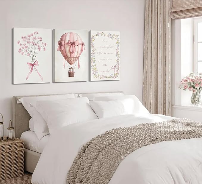 3Pcs Pink Nursery Canvas Wall Art Pictures Cute Baby Girls Room Posters Print Neutral Pink Bow Bouquet Hot Air Balloon Pastel Painting Wall Decor for Kids Room Little Girl Bedroom 16x24in Framed