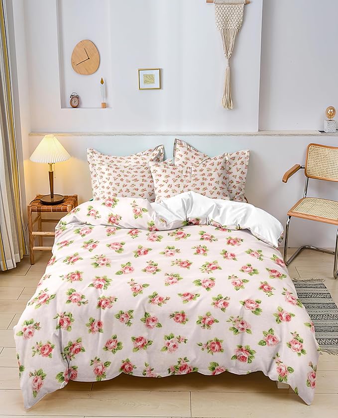 Garden Style Floral Duvet Cover Queen Girl Flower Print Comforter Cover Botanical Floral Bedding Quilt Cover Chic Shabby Rural Flower Bedding Collection 1 Duvet Cover with 2 Pillowcases
