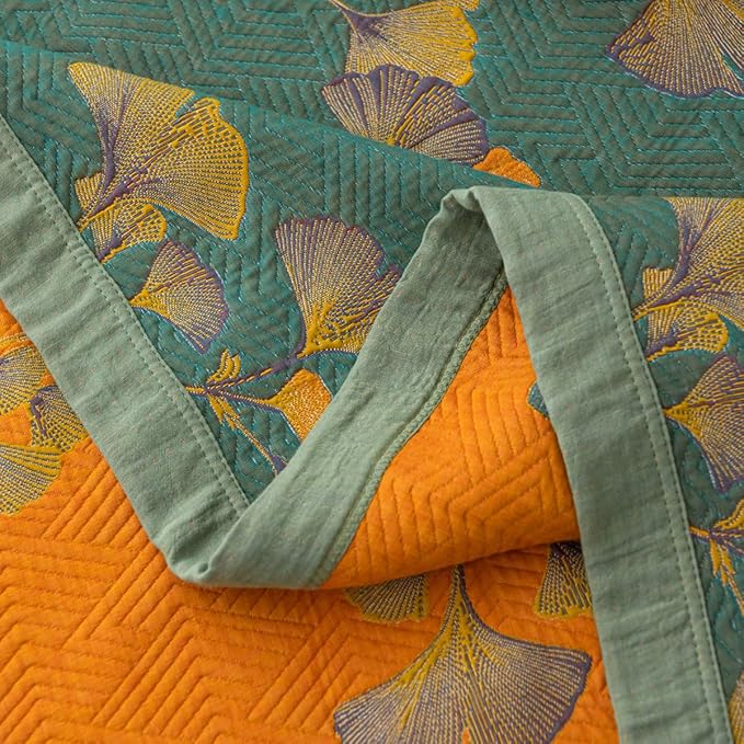 100% Cotton Jacquard Quilt Floral Ginkgo Leaves Print,Soft Muslin Bed Cover 3 Layers Reversible Bedspread Coverlet Breathable Lightweight Bedding,Twin(59"x94"), No Pillow Sham