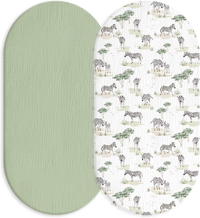 Muslin Bassinet Fitted Sheets, 2 Pack for Baby Boy and Girl, Soft Breathable Baby Pad/Mattress Sheet, Fit for Hourglass Oval and Rectangle Bassinet Mattress (Cute Zebra)
