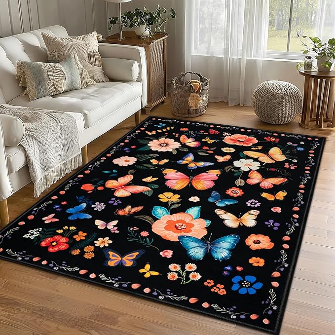 5x7 Machine Washable Area Rug, Non-Slip Vintage Floral Floor Rugs for Kids, Low Pile Room Carpet for Living Room, Bedroom, Dining Room & Nursery(5x7 Black Floral)