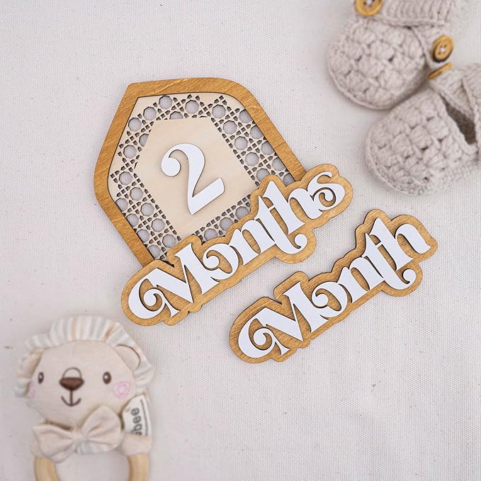 Wooden Baby Monthly Milestone Set with Patterned House Frame, 3D Layered Numbers and Months Sign, Natural Wood Newborn Photo Prop for Baby Monthly Pictures