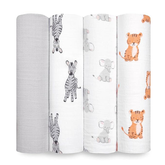 aden + anais Essentials Muslin Swaddle Blankets for Baby Girls and Boys, Newborn Receiving Blanket for Swaddling, 100% Cotton Baby Swaddle Wrap, 4 Pack, Safari Babes