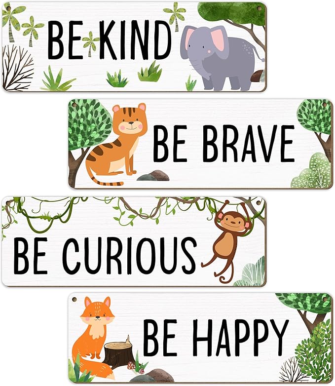 Woodland Nursery Decor, Jungle Safari Animals Boysroom Wall Sign Art, Motivational Bedroom Decorations for Kids Boys, 4 Pieces Wood Sign, 3.9x11.8 In-A01