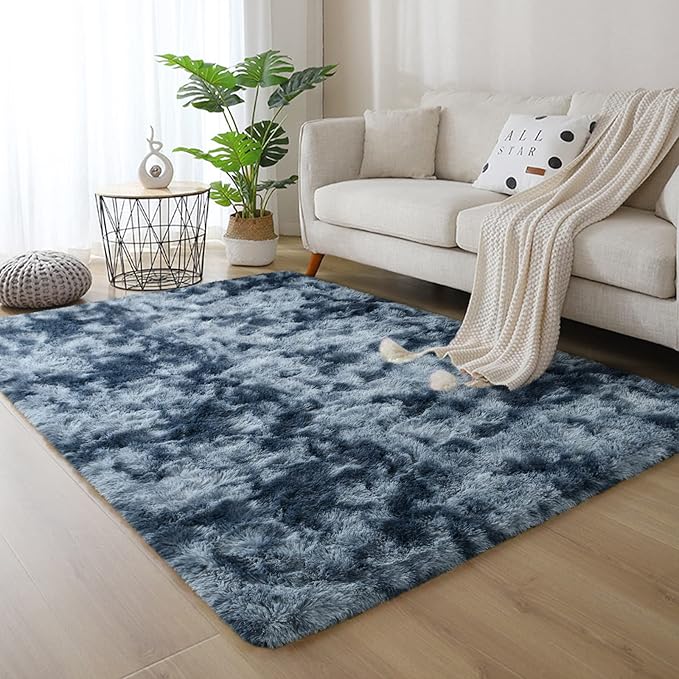DweIke Fluffy Blue Grey Rugs for Bedroom Living Room, 5x8 Feet Soft Plush Shaggy Tie-Dyed Navy Blue Gray Girls Boys Kids Rug, Upgraded Non-Slip and Machine Washable Carpet for Dorm Nursery Decor