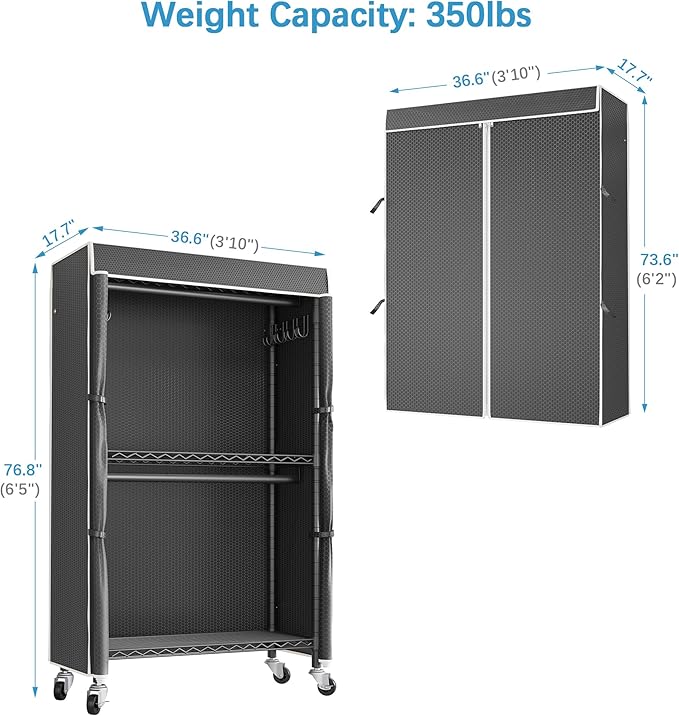 VIPEK R2C Heavy Duty Rolling Garment Rack with Cover, Portable Closets with Double Rods & Lockable Wheels, Covered Clothing Rack for Hanging Clothes, Black Rack with Black Upgarded Polyester Cover