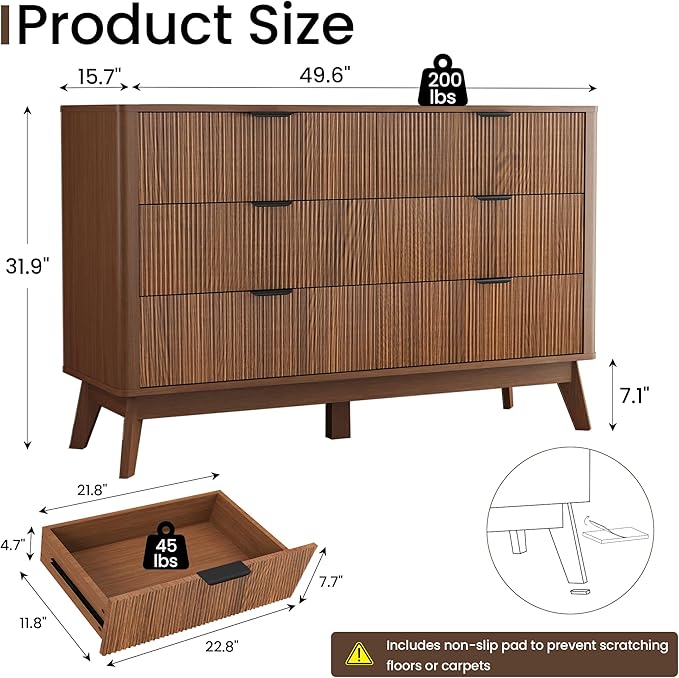 SUNWAVE 6 Drawer Dresser for Bedroom, 49.6" Wide Modern Fluted Dresser with Round Corner, Wood Chest of Drawers for Living Room