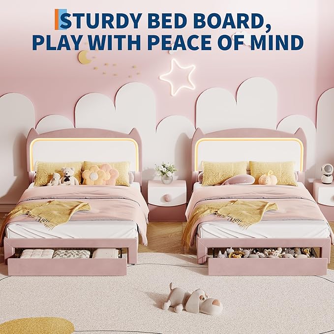 Full Size Princess Bed Frame with LED Lights & Storage Drawer - Pink Velvet Upholstered Cat Headboard Platform Bed for Kid- Sturdy Wood Slats, No Box Spring Needed, App & Remote Control,Pink & White