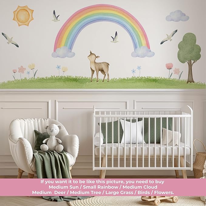 Pastel Boho Rainbow & Woodland Wall Decal Set for Nursery – Watercolor Fawn, Sun, Clouds, Tree, Grass, Birds – Large/XL/XXL