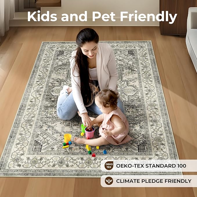 WITSHOCK Living Room Area Rugs 4x6: Washable Rug Boho Soft Non-Slip Low Pile Stain Resistant Foldable Carpet for Bedroom Playroom Dining Room Office Kitchen Farmhouse Home Decor Rug-Brown/Lvory
