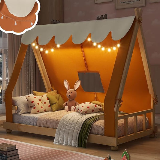 Montessori Floor Bed Twin with Tent & Light, Wood Twin House Beds for Kids, DIY Playhouse, Low-Profile Teepee Bed, Playful Indoor Adventure & Sleep for Girls Boys,Natural+Brown