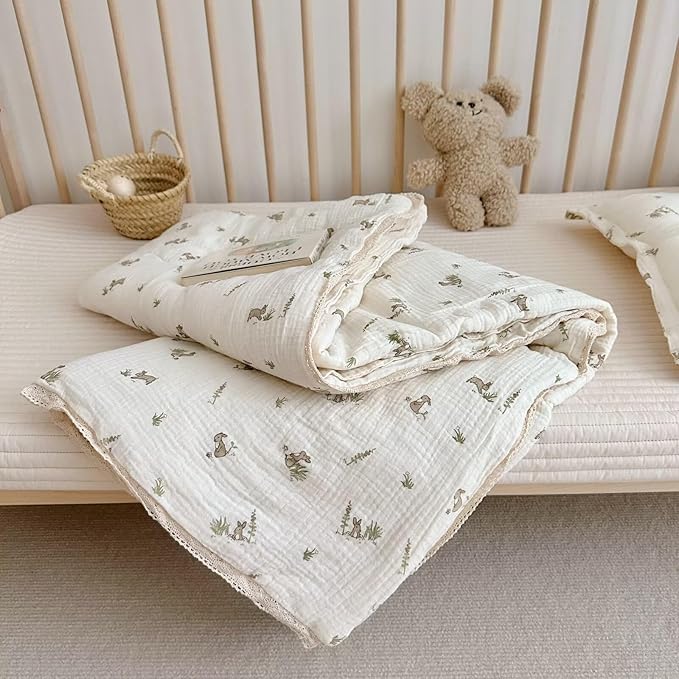 BuLuTu Kid Toddler Muslin Blanket for Daycare, Baby Girls Boys Nap Blankets for Toddler Twin Bed, Kids Comforter Bunny Print Quilted Blanket Baby Gifts, 60"x78", No Pillow