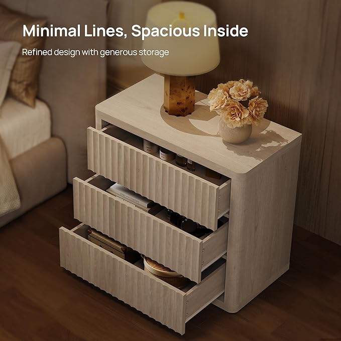 SICOTAS Night Stand Set 2 - Oversized Extra Large Bedside Table Modern Side Table with Storage Fluted 3 Drawer Nightstand 27.5" W End Tables Dorm Room Nightstands for Bedroom Sofa Couch Home Office