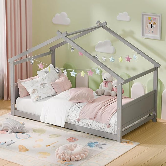 Twin House Bed, Montessori Floor Bed with Headboard & Footboard, Solid Wood Bed Frame for Toddlers Teens Bedroom, No Box Spring Needed, Grey