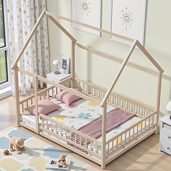 LLS Full Size House Bed with Fence, Wooden Montessori Bed with Roof Design, Floor Bed Frame for Boys Girls Bedroom, Natural