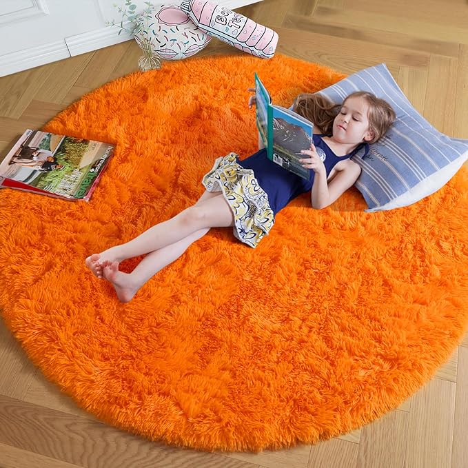 Amdrebio Orange Round Circle Rug 4Ft for Bedroom Living Room, Fluffy Fuzzy Area Rugs for Kids Room Decor Aesthetic, Cute Furry Plush Shag Carpet for Toddler Teen Girls Boys Baby Nursery Dorm Playroom