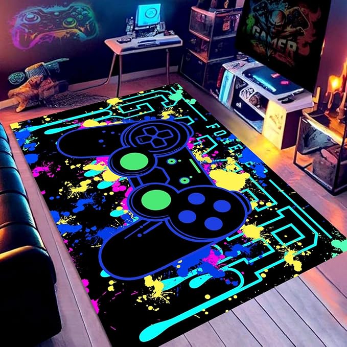 3x5ft Game Area Rug for Boys Room Color Painting 3D Printing Gamepad Carpet Cool Low Pile Design Video Game Rugs for Children's Bedroom Large Non-Slip Playroom Mat