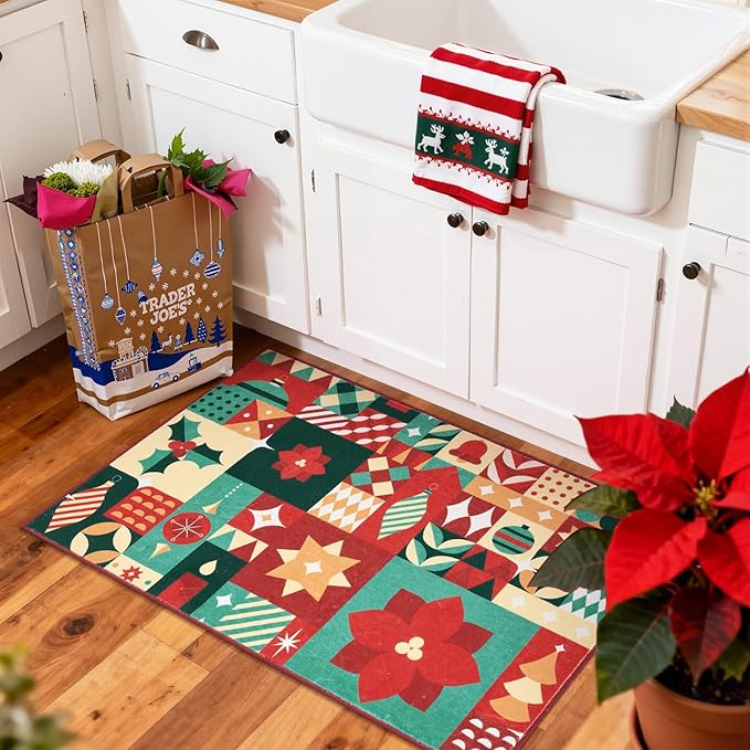 jinchan Christmas Rug 2x3 for Entryway Washable Christmas Kitchen Rug Xmas Geometric Doormat Non-Slip Soft Small Carpet Festive Red-Green Holiday Patch Decor for Front Door Bathroom Porch Bedside