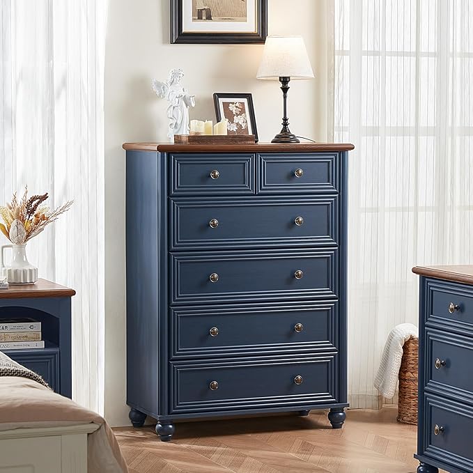 Farmhouse 6 Drawer Dresser, Blue Chest of Drawers, 43.5" Tall Dressers for Bedroom with Roman Column and Metal Handles, Rustic Wood Storage Organizer for Living Room, Hallway, Closet