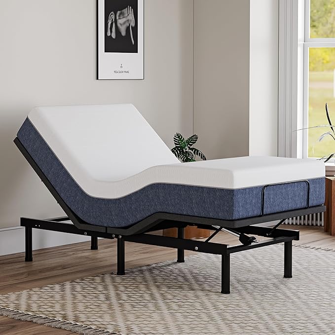 EGOHOME Twin XL Adjustable Bed Frame and 14 inch Charcoal Gel Memory Foam Mattress, Independent Head and Foot Incline with Massage, Wireless Remote, Zero Gravity, Adjustable Legs, No Headboard