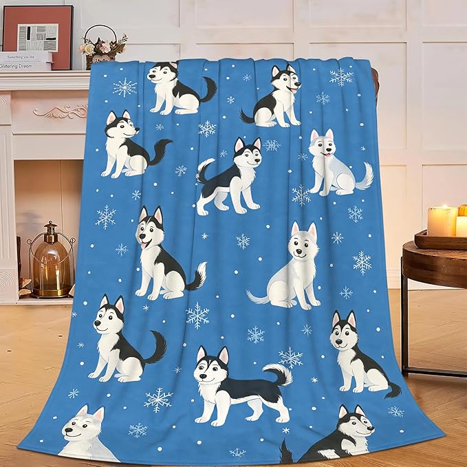 Cute Husky Blanket Huskies Dog Pattern Throw Blanket Soft Cozy Fleece Fuzzy Plush Warm Stuff Puppy Bedding Blankets Gifts for Husky Lover Boys Girls Kids Adult Men Women 60"X80"