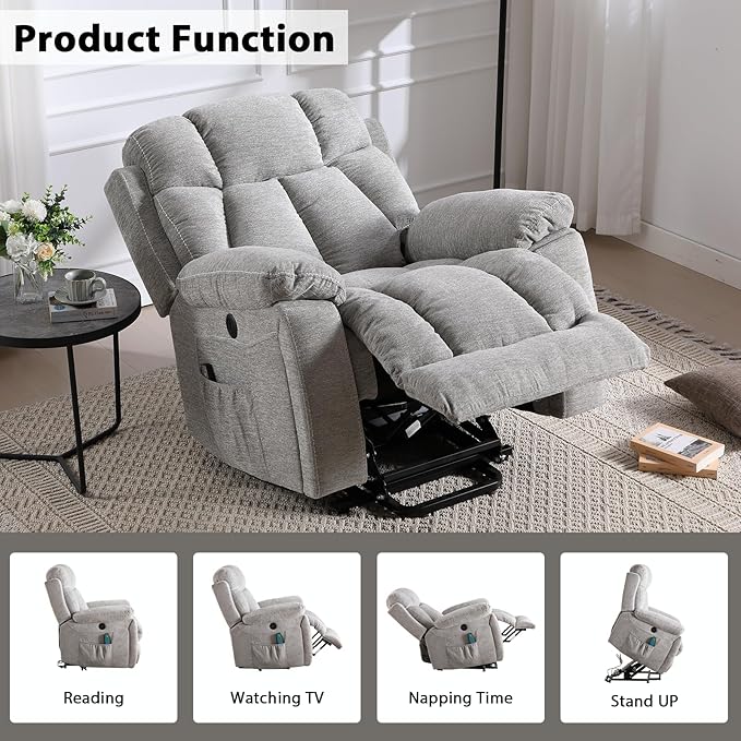 CANMOV Large Power Lift Recliner Chairs with Massage and Heat for Elderly Big People, Heavy Duty Motion Reclining Mechanism-Anti Skid Fabric Recliner Chair with 2 Concealed Cup Holders, Smoke Gray