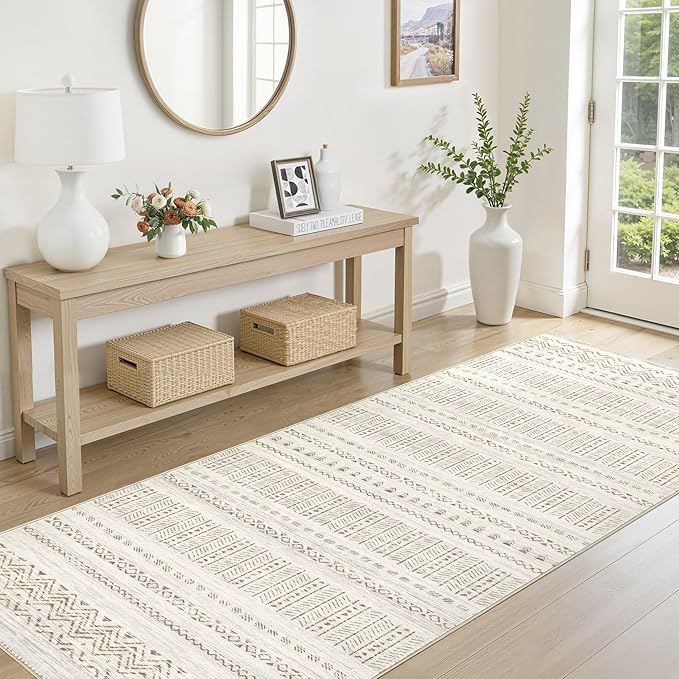 Area Rugs for Living Room Washable Living Room Rug Soft Neutral Indoor Floor Carpet Non-Slip Stain Resistant Modern Boho Rugs for Bedroom Dining Room Kids Room Nursery Office Home Brown Cream