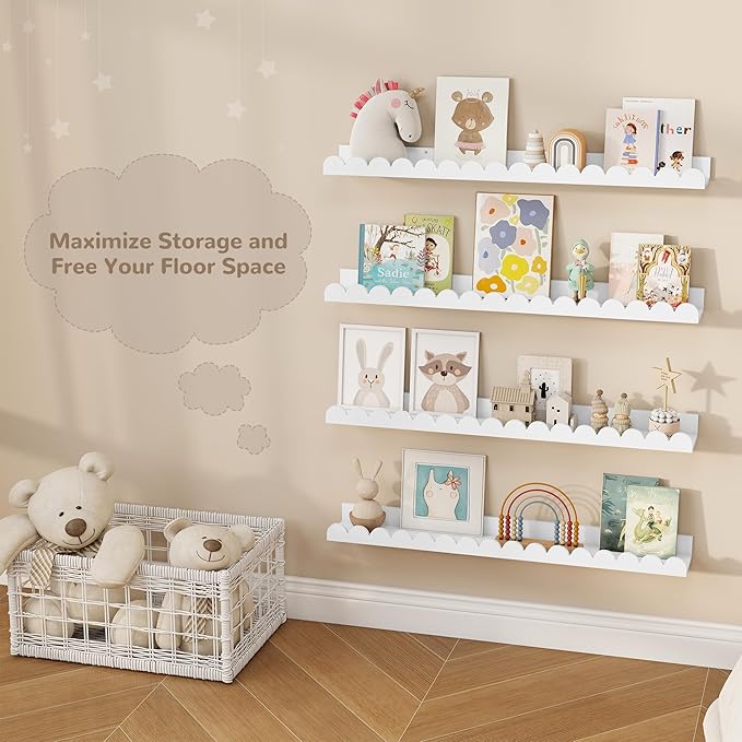 Fun Memories 32 Inch White Floating Shelf, Scalloped Picture Ledge for Nursery, Set of 4, Wall Mounted Book Shelves for Kids Room, Toddler Room