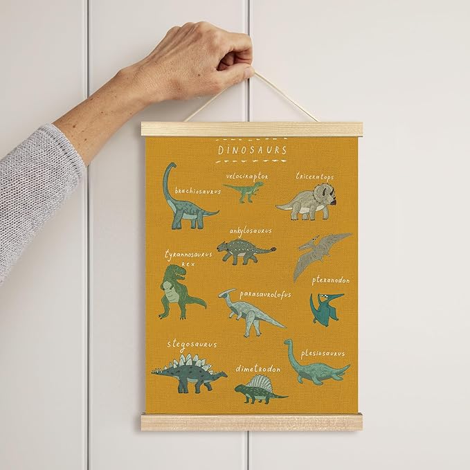 BCUANGD Dinosaur Dino Wall Decor - Yellow Baby Toddler Boys Room Wall Art Poster Hanger with Wood Frames, Inspirational Wall Hanging Canvas Decor for Kids Room Nursery Bedroom, 12x16 Inches