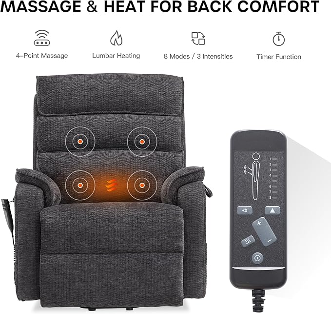 DYNOX Big Man Large-Wide Power Dual Motor Lift Recliners Chairs for Elderly Lay Flat Lift Chair with Infinite Positions, Heat & Massage, Supports 400 LBS(9298,Chenille,Grey)