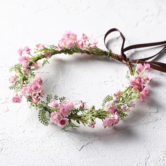 Pink Bohemian Flower Crown - Pink Babys Breath Flower Headband with Green Leaf Bohemian Floral Headpiece Hair Wreath for Women Wedding Halloween Christmas