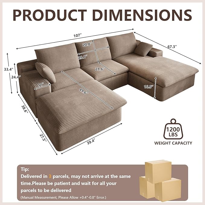 107" Cloud Modular Sectional Sofa with 1 Ottoman, Deep Seat Boneless Couch, Modern Upholstered Corduroy Couches, Comfort U Shaped Sofa for Living Room, No Assembly Required(Camel,Right Facing Chaise)