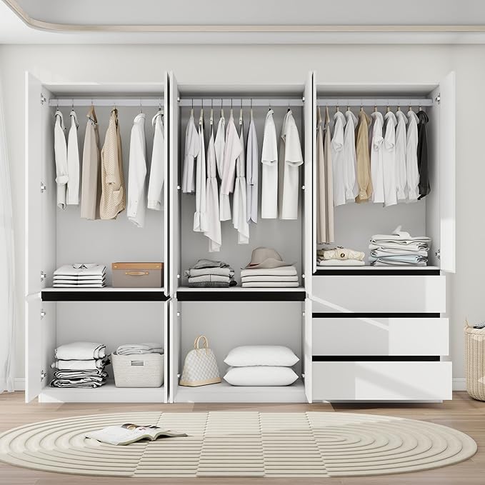 White Armoire Wardrobe Closet with 2 Doors, 75" Bedroom Wardrobe Closet for Hanging Clothes, Modern Wood Storage Closets Cabinet with System (C+B+C, 94.5")