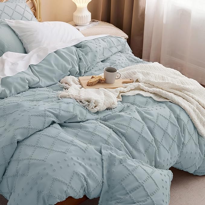 Bedsure Boho Duvet Cover Queen Size,Dusty Blue Breathable & Soft Boho Bedding, Machine Washable Comforter Cover for All Seasons, Includes 1 Duvet Cover 90"x90" with 2 Pillow Shams & Zipper Closure