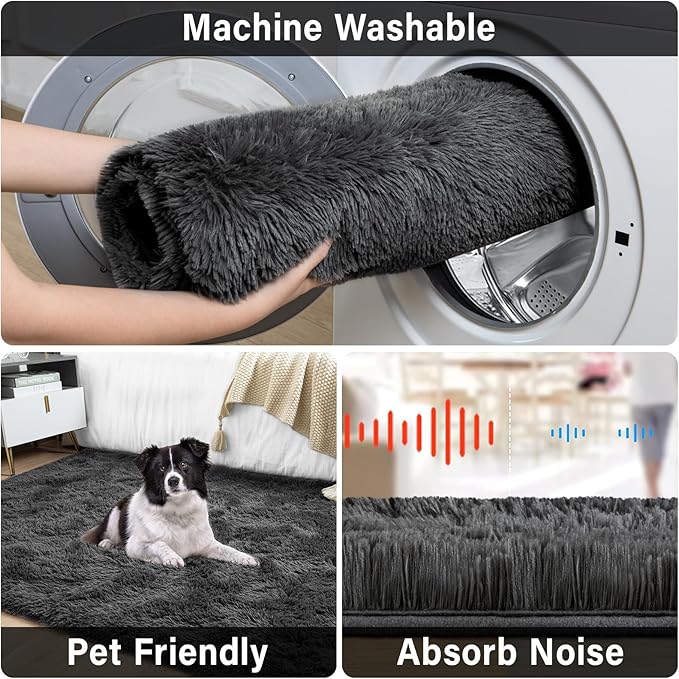 Merelax Soft Modern Indoor Large Shaggy Rug for Livingroom Bedroom Dorm Kids Room Home Decor, Non-Slip Plush Fluffy Furry Fur Area Rugs Comfy Nursery Accent Floor Carpet 9x12 Feet, Dark Grey