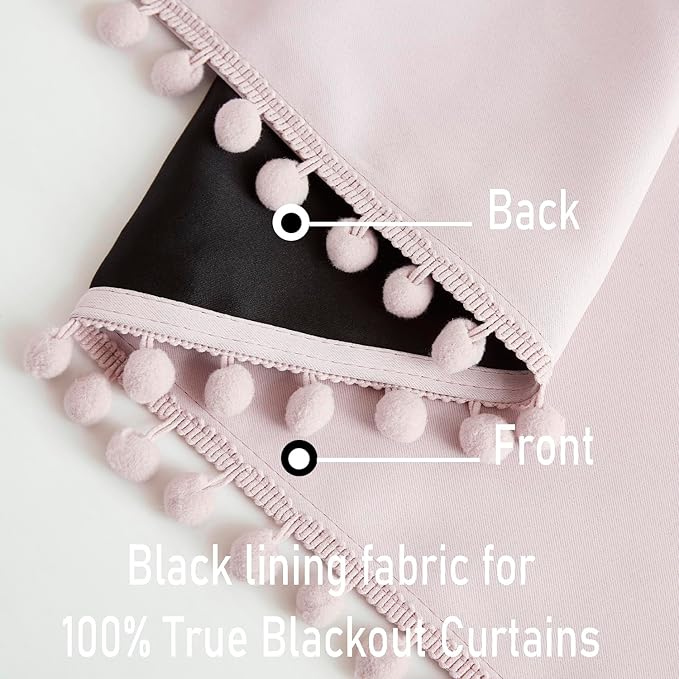 Pom-pom Pink Blackout Curtains for Bedroom 63inch Length Energy Efficient 100% Full Blackout Window Panels for Baby Girls Nursery Living Room Adorable Rod Pocket Drapes 2pcs 52"w Rod Pocket