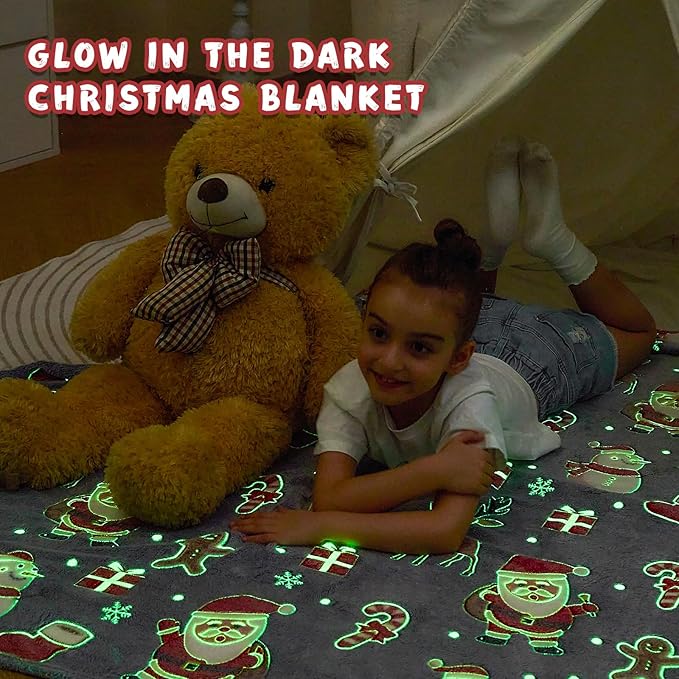 inhand Christmas Blanket,Glow in The Dark Blanket for Kids/Girls/Boys/Toddler Soft Flannel Red Santa Claus Gingerbread Candy Canes Christmas Throw Blankets for Age 3 4 5 6 7 8 9 10 11 12 13 Year Old