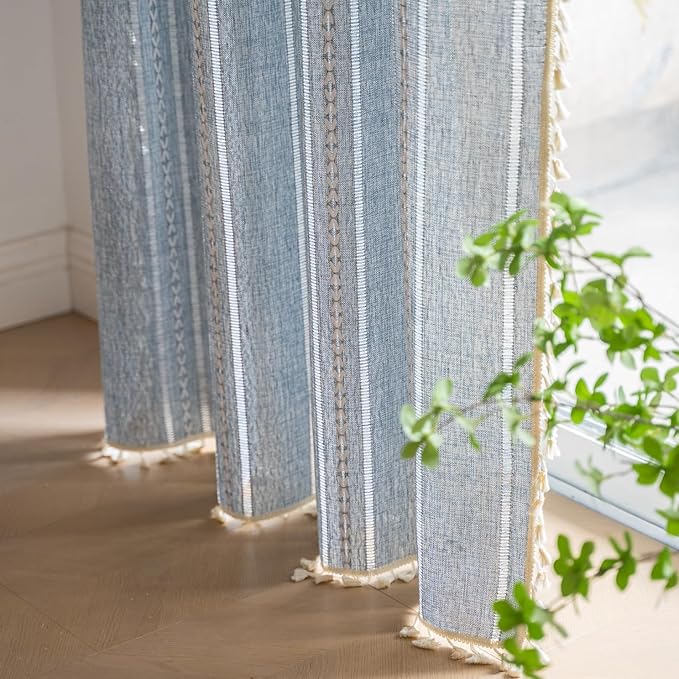 Deeprove Blue Boho Sheer Linen Curtains 72 inches Length for Bedroom Living Room Dining Nursery Closet, Denim Jean Semi Sheer Curtains Darkening Embroidery Drape Window Treatment, 1 Panel W52 x L72
