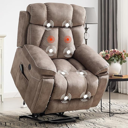 CANMOV Large Power Lift Recliner Chairs with Massage and Heat for Elderly Big People, Heavy Duty Motion Reclining Mechanism-Anti Skid Fabric Recliner Chair with 2 Concealed Cup Holders,Light Brown
