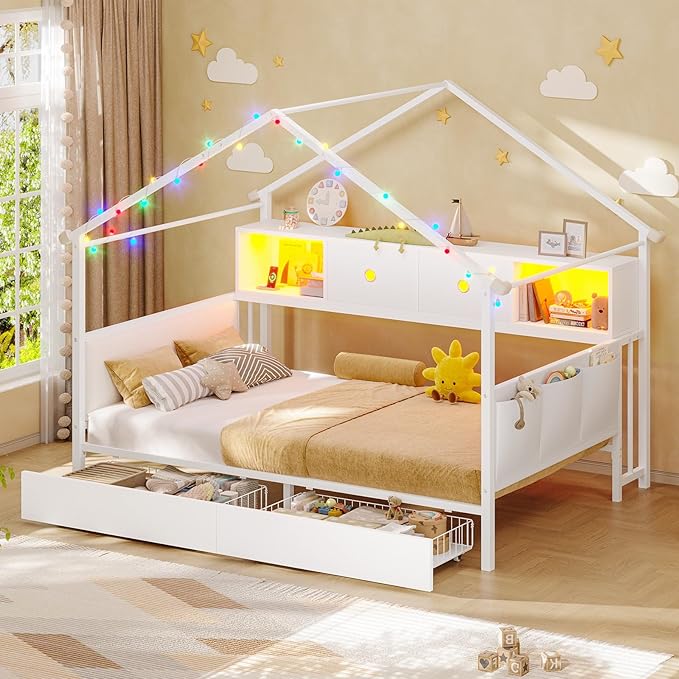 Hasuit Corner Twin House Bed Frame with Storage Drawers & Bookcase, House Shaped Metal Beds with Charging Station & LED Light, Corner Bed with Upholstered Headboard, Twin Size Bed for Kid Teens, White