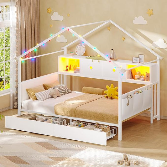 Hasuit Corner Twin House Bed Frame with Storage Drawers & Bookcase, House Shaped Metal Beds with Charging Station & LED Light, Corner Bed with Upholstered Headboard, Twin Size Bed for Kid Teens, White